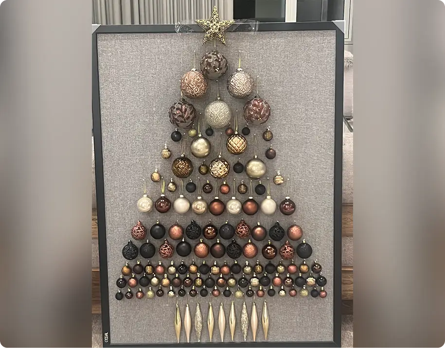 Framed ornament tree with gold star topper
